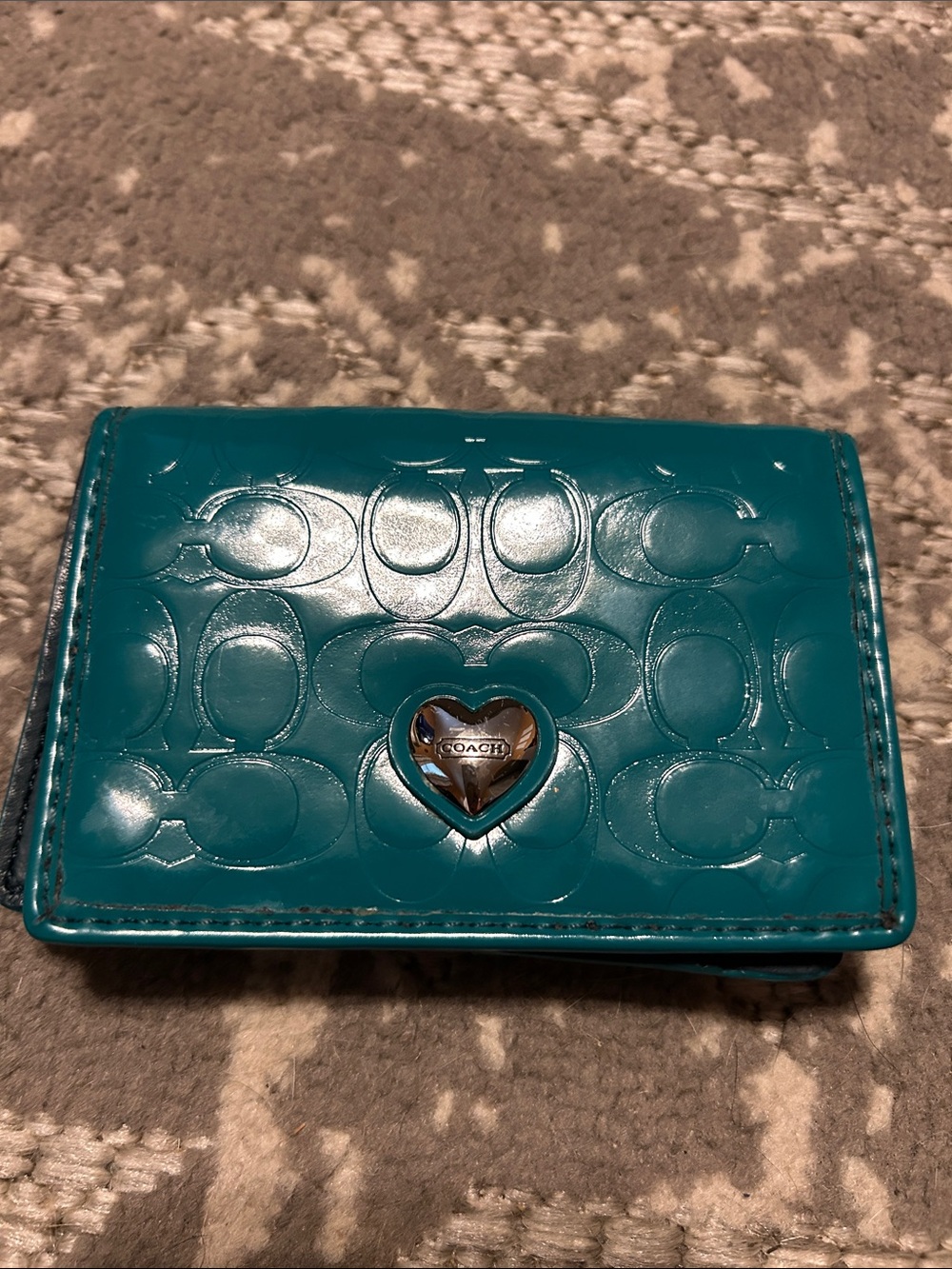 Coach Teal Patent Leather Signature Card Case with Heart Logo